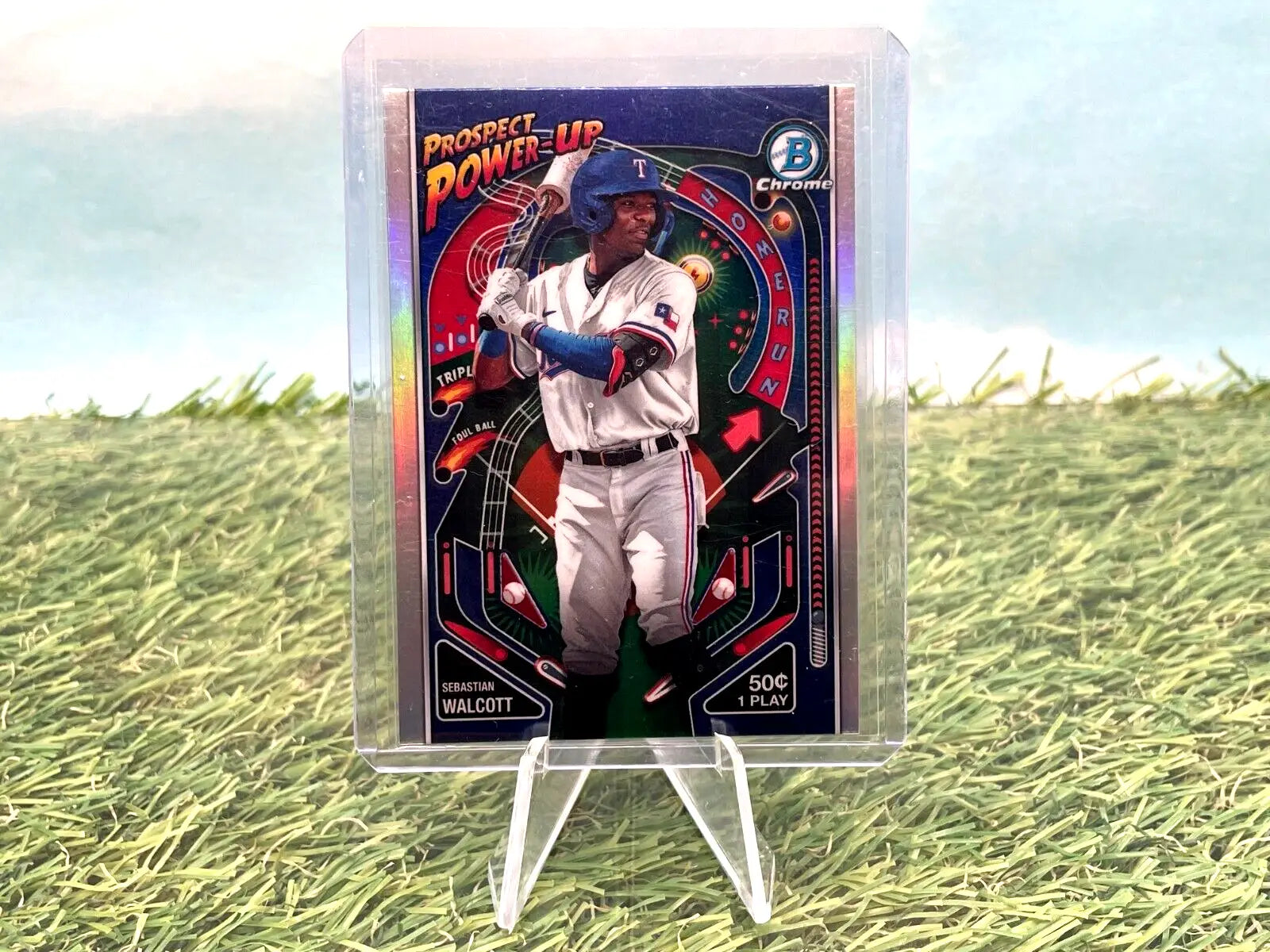 Sebastian Walcott in Texas Rangers uniform on 2024 Bowman Chrome trading card