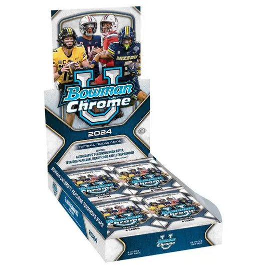 2024 Bowman Chrome University Football Hobby Box display featuring trading cards and base cards