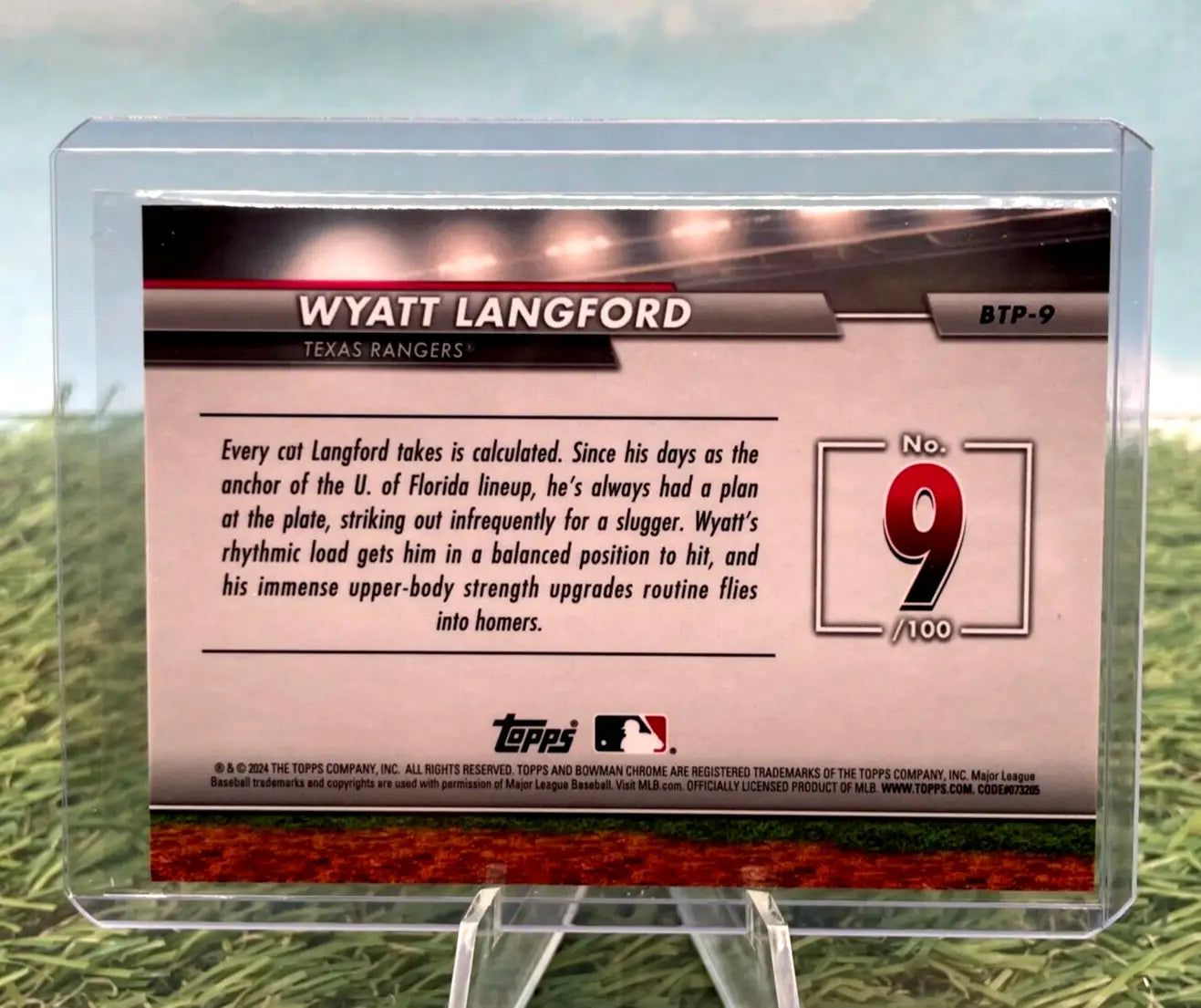 Wyatt Langford Baseball card back showcasing statistics for Texas Rangers prospect