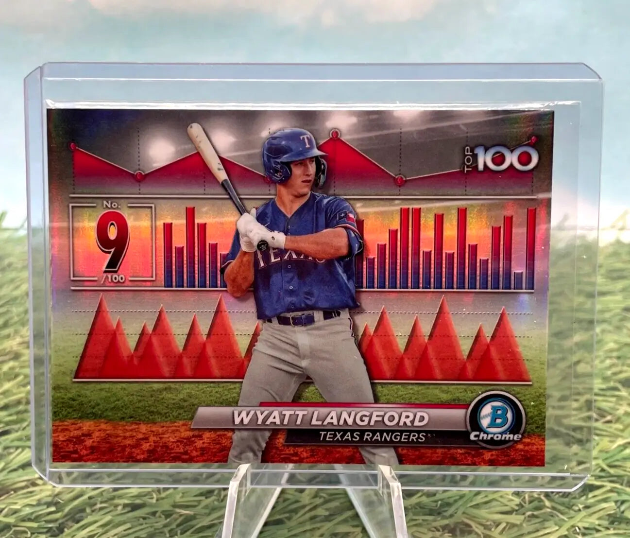 Wyatt Langford baseball card from 2024 Bowman Chrome Texas Rangers Top 100 Prospects