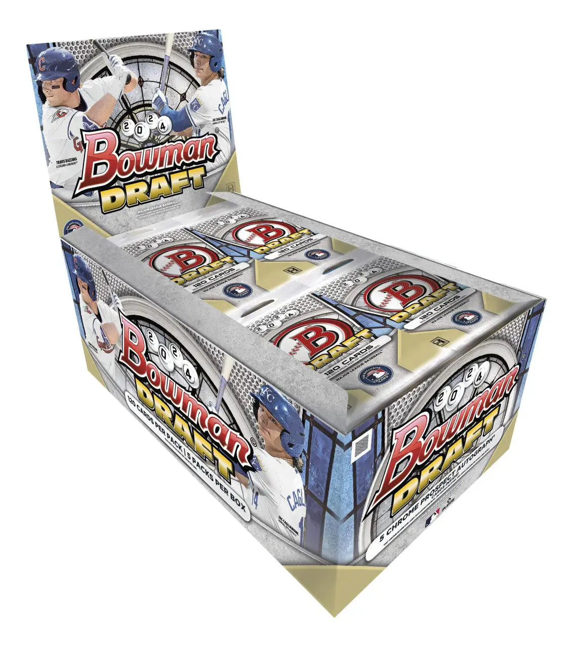 Retail display box of 2024 Bowman Draft Baseball Super Jumbo Box featuring draft baseball cards