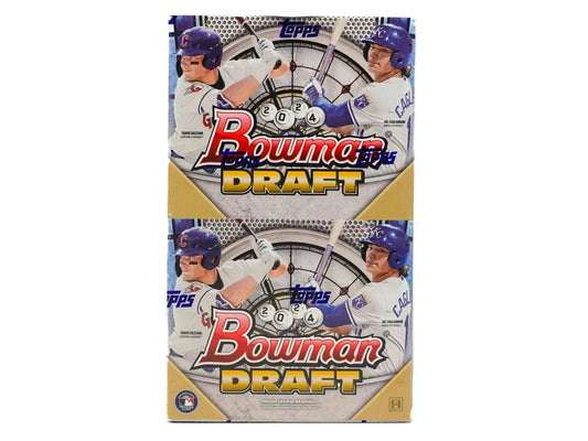 Two stacked 2024 Bowman Draft Baseball Super Jumbo Boxes featuring red refractor cards