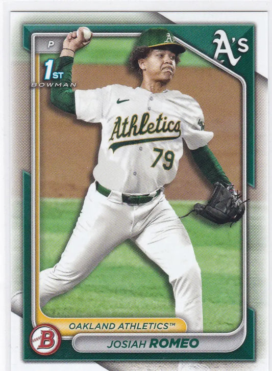 Baseball card of Josiah Romeo 1st Bowman Oakland Athletics pitcher in white uniform