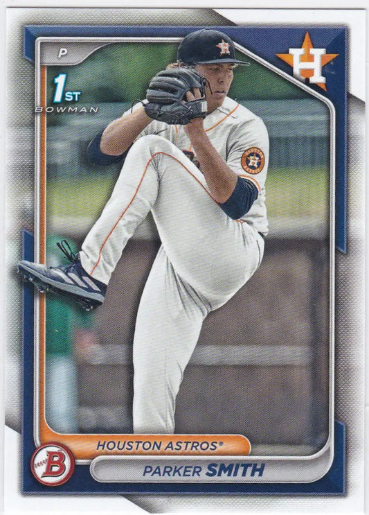 Baseball card of Parker Smith 1st Bowman Houston Astros pitcher in delivery