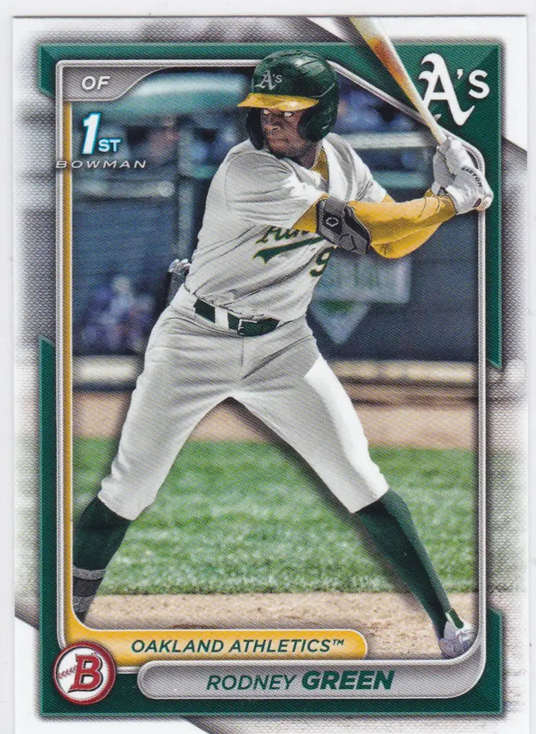 Baseball card of Rodney Green 1st Bowman in batting stance for Oakland Athletics