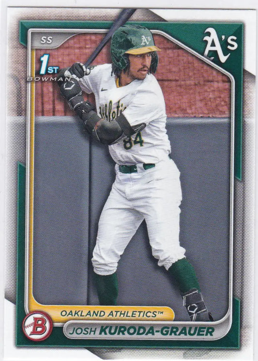 Baseball card of Josh Kuroda-Grauer in 1st Bowman Oakland Athletics uniform at bat