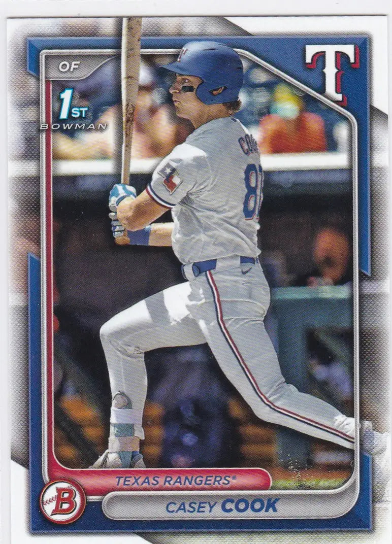 Baseball card of Casey Cook 1st Bowman Texas Rangers player batting in white uniform