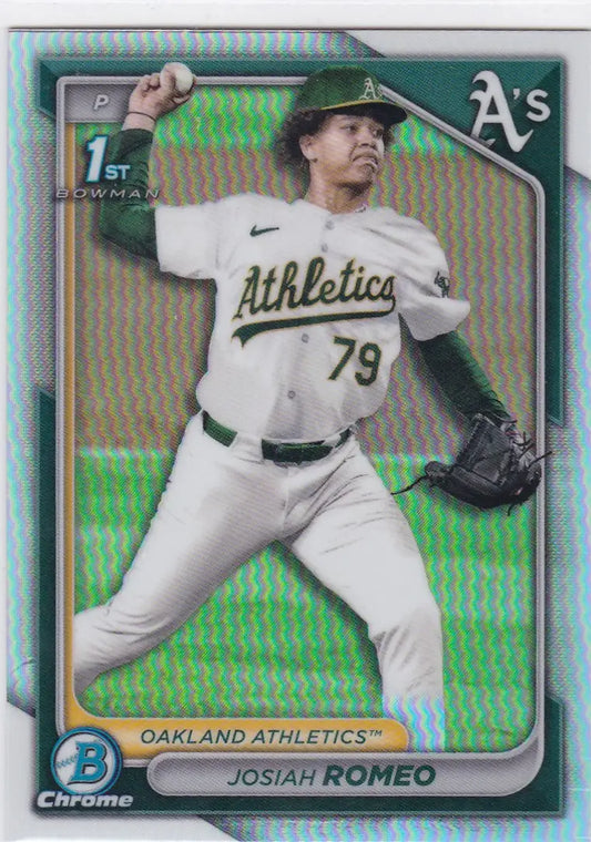 Baseball card of Josiah Romeo Refractor 1st Bowman in white uniform for Oakland Athletics