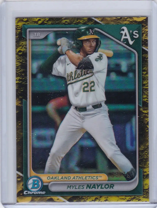 Baseball card of Myles Naylor in white Oakland Athletics uniform from Bowman Draft Chrome