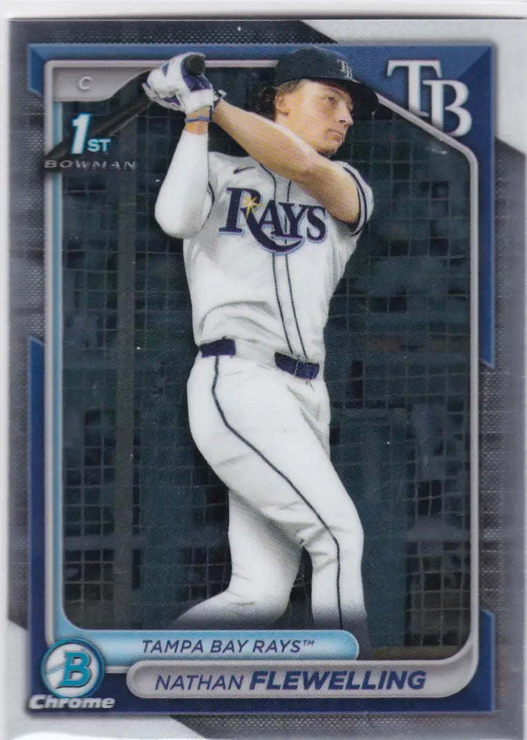 Baseball card of Nathan Flewelling swinging in Tampa Bay Rays white uniform, Bowman Draft Chrome