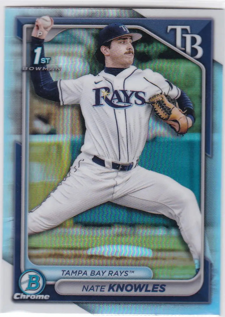 Baseball card of Tampa Bay Rays pitcher in mid-throw, 2024 Bowman Draft Chrome Refractor