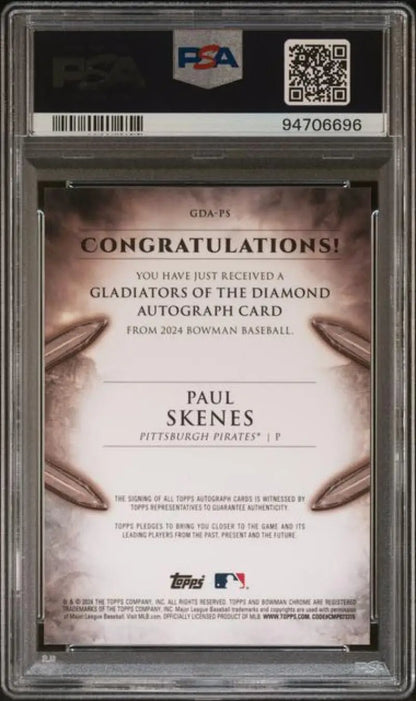 PSA-graded 2024 Bowman Gladiators Paul Skenes autograph card for Pittsburgh Pirates