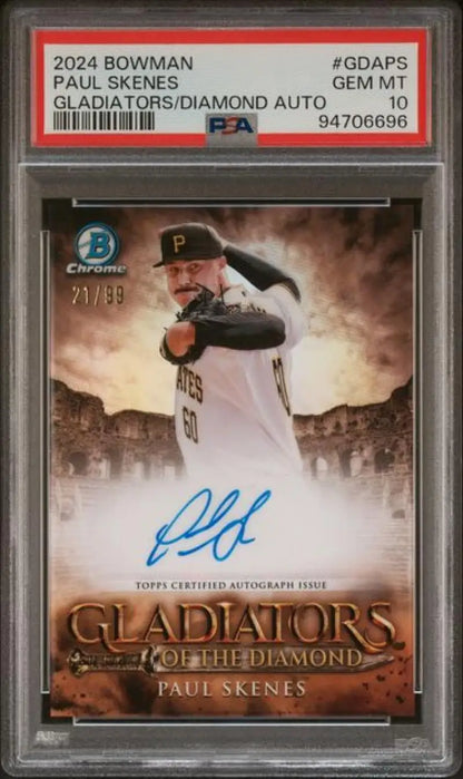 PSA-graded Bowman Gladiators card featuring Paul Skenes autograph for Pittsburgh Pirates