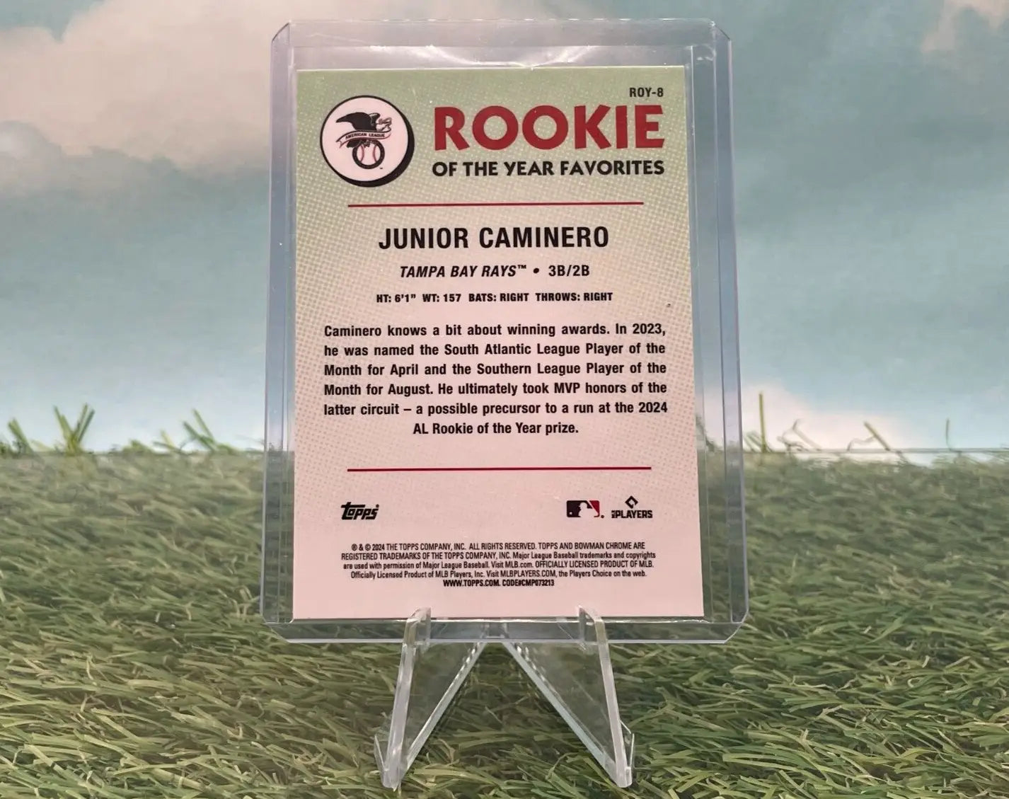 Junior Caminero baseball card featuring Tampa Bay Rays Rookie of the Year Favorites design