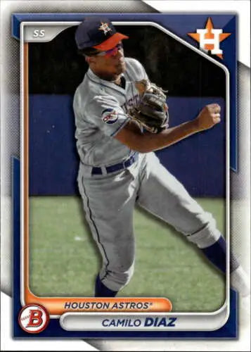 Baseball card of Camilo Diaz in gray uniform, showcasing original gloss for Bowman Prospects