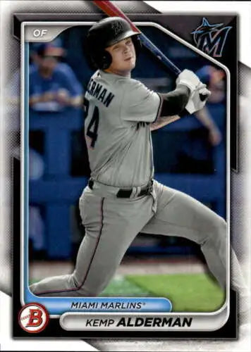 Baseball card of Kemp Alderman swinging bat in gray Miami Marlins uniform from Bowman Prospects