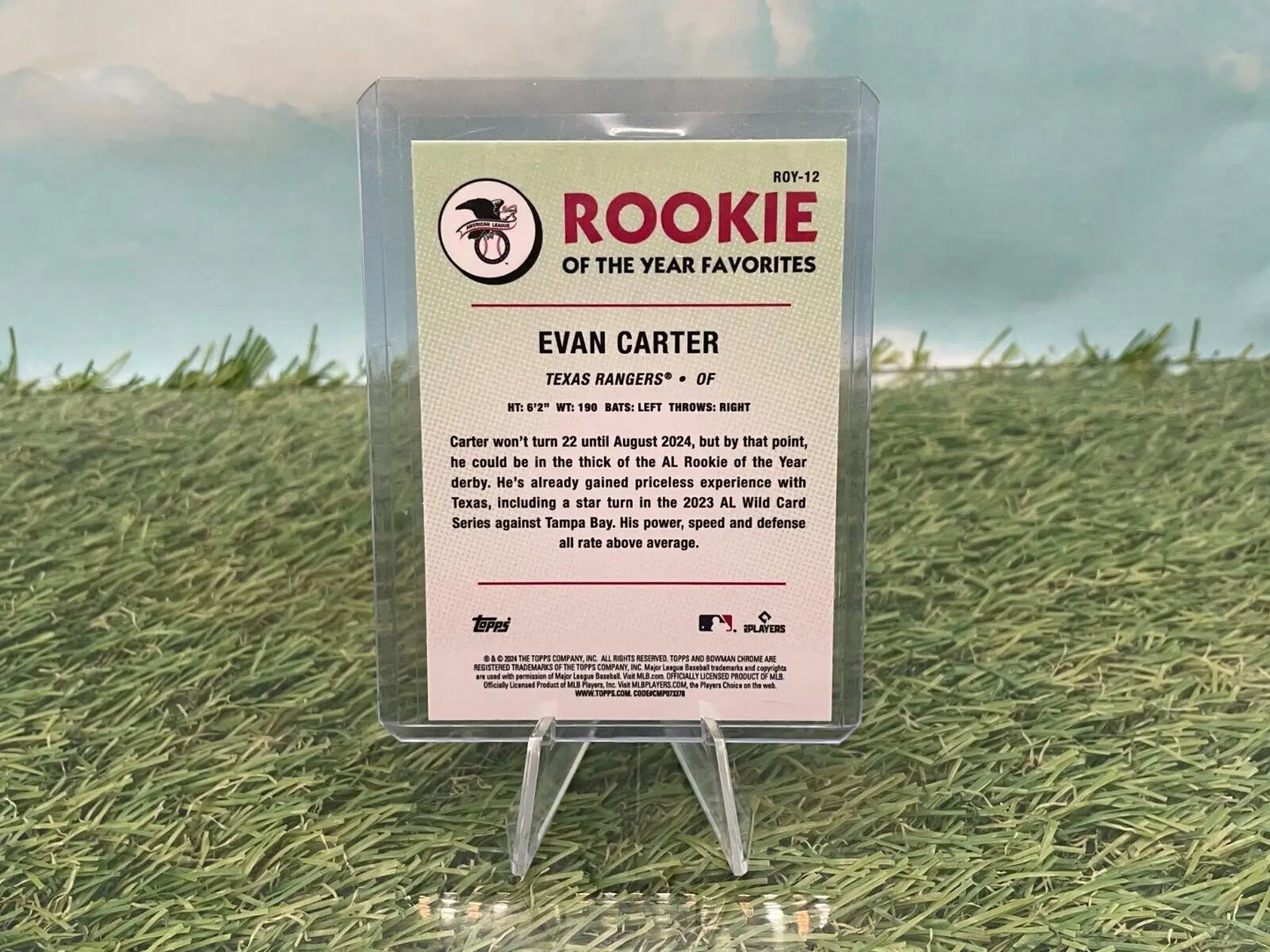 2024 Bowman Rookie of the Year Favorites Mojo trading card of Evan Carter in display case