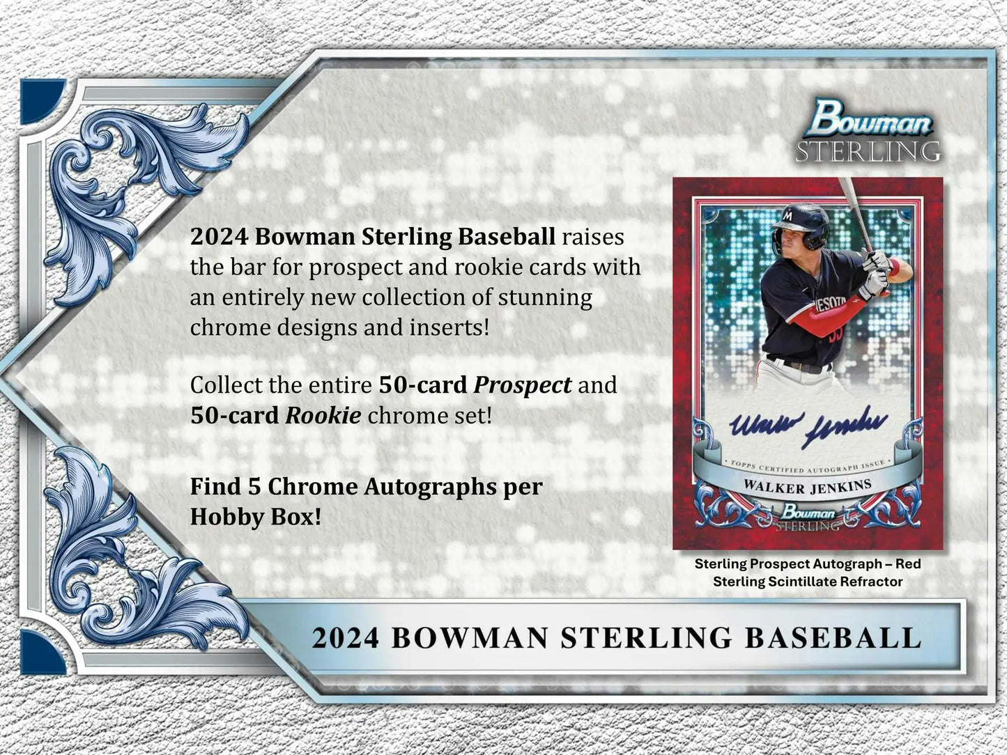 Advertisement for 2024 Bowman Sterling Baseball Hobby Box with chrome designs and autographs