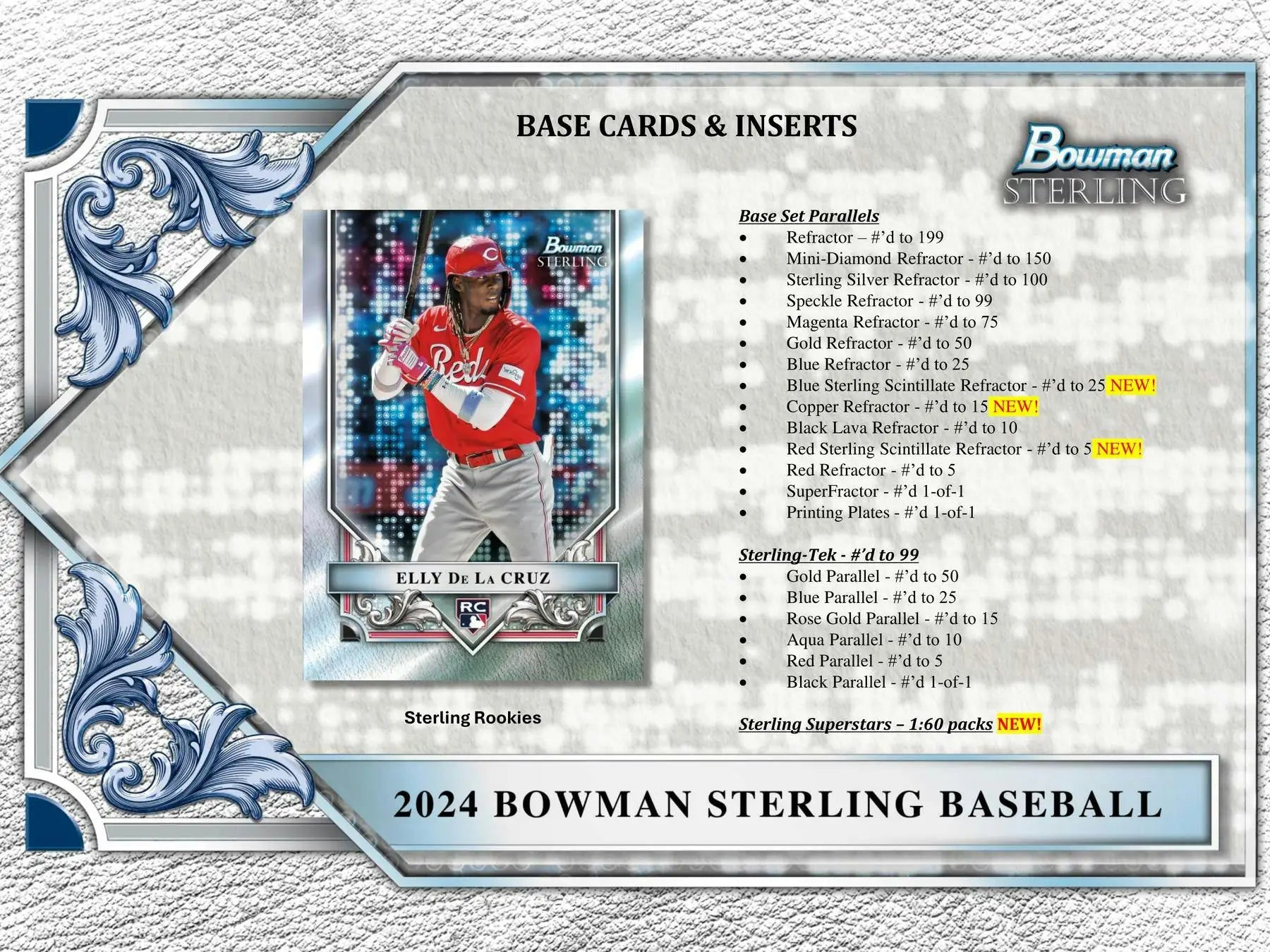 Baseball card with ornate silver border featuring player in red uniform, Sterling Scintillate Refractor