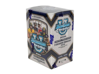 Retail box of 2024 Bowman University Chrome Football trading cards with orange refractor