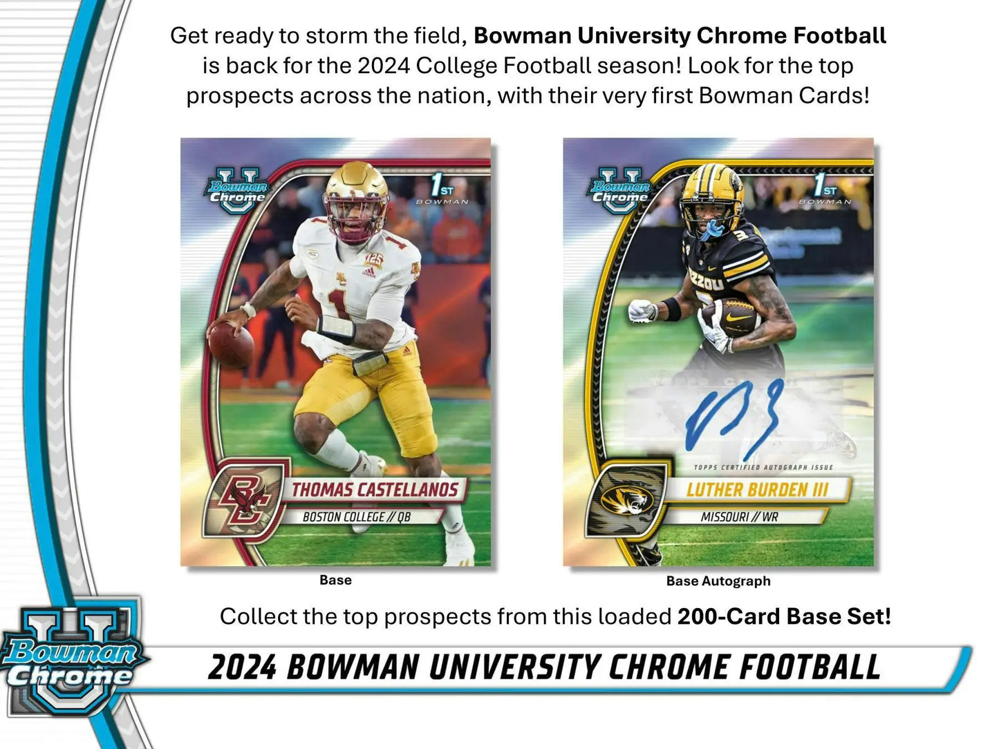 Advertisement for 2024 Bowman University Chrome Football with orange refractor player cards