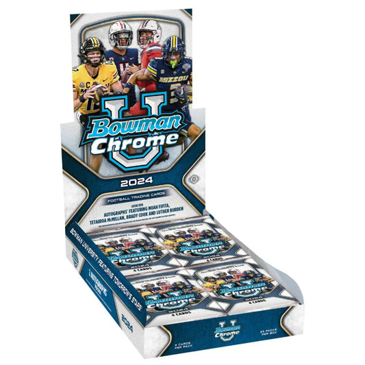 Display box of 2024 Bowman Chrome Football Hobby Box with orange refractor cards