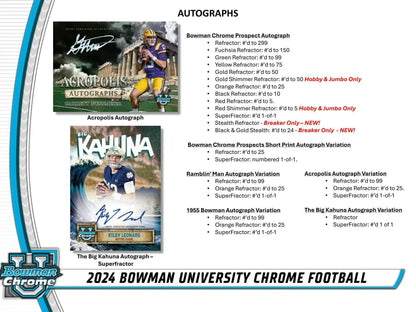 Product information card displaying autograph variations for 2024 Bowman University Chrome Football cards including orange refractor, black refractor, and fuchsia refractor