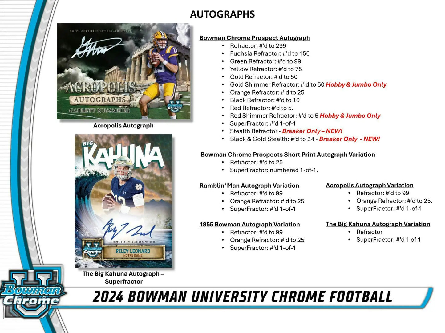 Product information card detailing autograph variations for 2024 Bowman University Chrome Football cards including orange refractor, black refractor, and fuchsia refractor