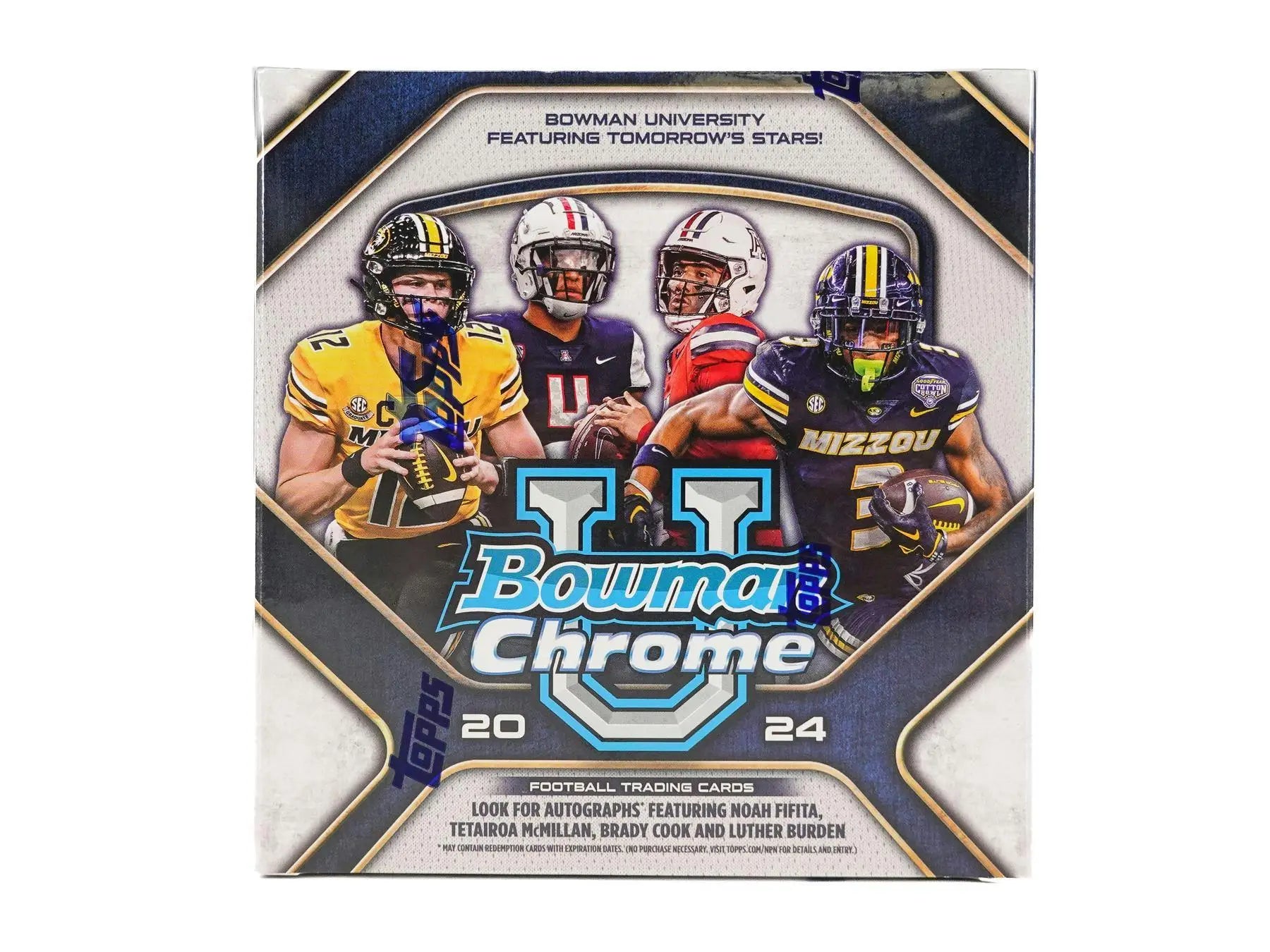 Box of 2024 Bowman University Chrome Football cards with orange and fuchsia refractors