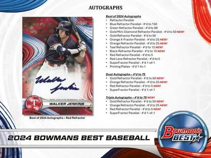 Baseball card with autograph and red-blue design from 2024 Bowman’s Best, refractor parallel