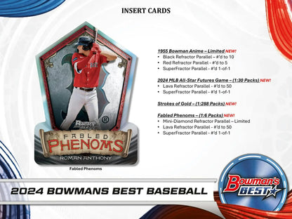 Baseball card in red uniform making throw in 2024 Bowman’s Best hobby box refractor parallel