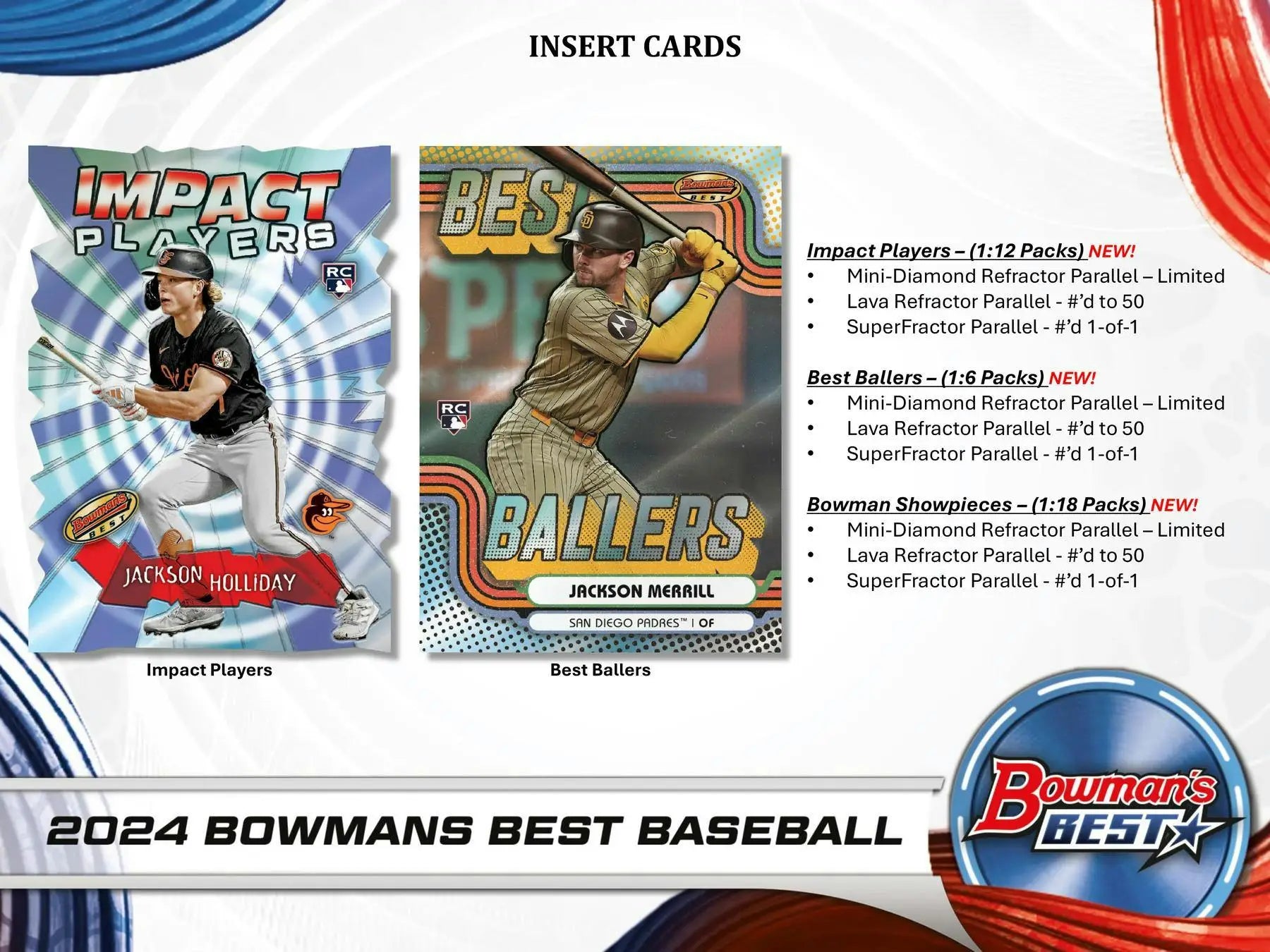 2024 Bowman’s Best Baseball Hobby Box product ad featuring refractor parallel designs