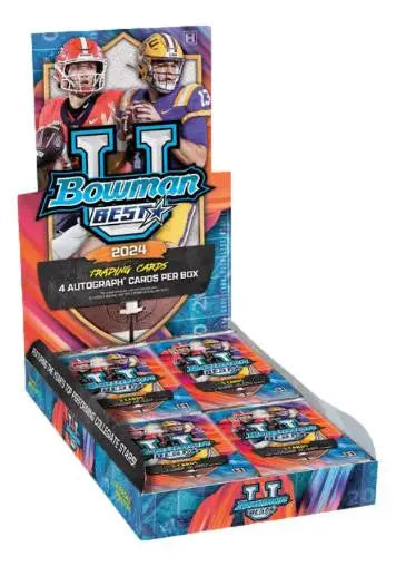 Display box of 2021 Bowman’s Best football trading cards in 2024 Bowman’s Best University Football Hobby Box