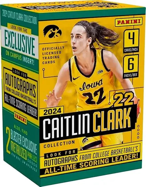 Yellow and green Panini basketball card box from the Caitlin Clark Collection featuring player #22