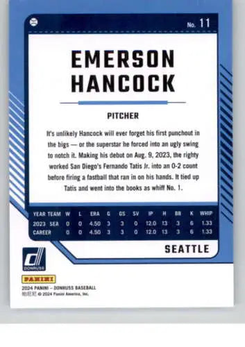 Baseball card back of 2024 Donruss #11 Emerson Hancock with original gloss for Mariners fans