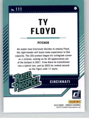 Baseball card of Ty Floyd, Rookie Reds rated prospect, original gloss condition