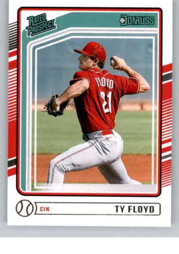 2024 Donruss #111 Ty Floyd Rookie Reds card featuring a pitcher in a red uniform