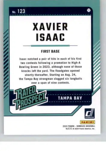 Baseball trading card of Xavier Isaac, Rated Prospect for the Tampa Bay Rays, original gloss