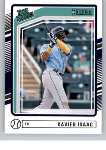 Baseball trading card of Xavier Isaac in light blue uniform, rated prospect original gloss