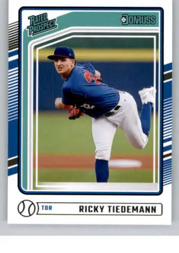 Baseball card of Ricky Tiedemann in blue uniform, showcasing original gloss rookie Blue Jays