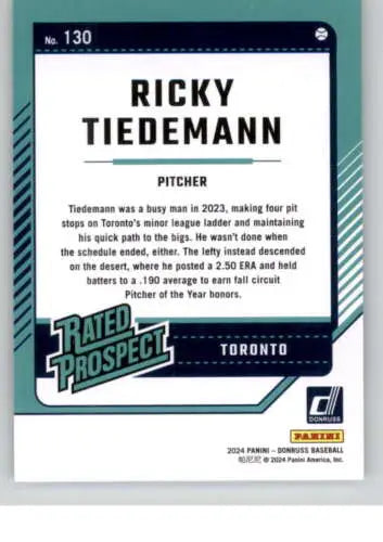 Baseball card of Ricky Tiedemann, Rookie Blue Jays Rated Prospect with original gloss