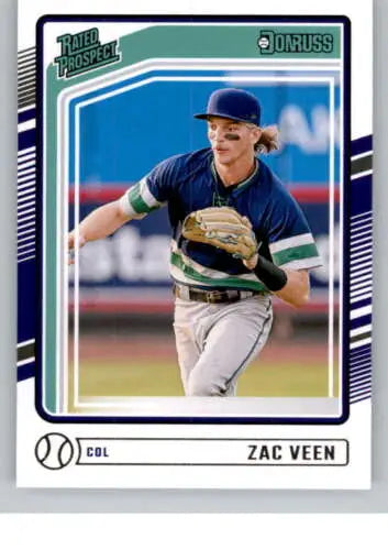 Baseball trading card of Zac Veen, Rated Prospect in navy striped uniform, original gloss