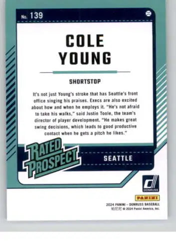 Cole Young Baseball Card 2024 Donruss NM-MT RC Mariners Rated Prospect Original Gloss