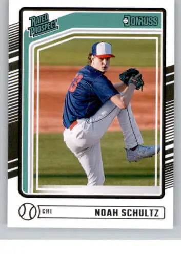 Baseball card of Noah Schultz in navy uniform, original gloss, rookie White Sox rated prospect