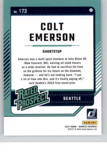 Baseball card of Colt Emerson, Seattle Mariners rated prospect with original gloss finish