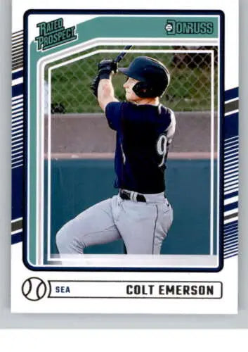 Baseball trading card of Colt Emerson in navy and gray uniform as a rated prospect