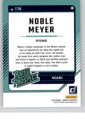 Baseball card of Noble Meyer, Miami Marlins rated prospect with original gloss finish