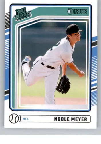 Baseball card of Noble Meyer in white uniform, mid-delivery, Rated Prospect NM-MT