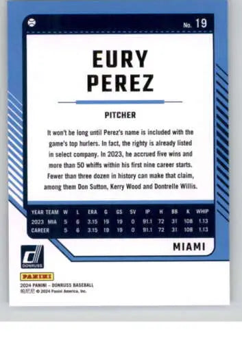 Eury Perez baseball card from 2024 Donruss with original gloss and NM-MT condition