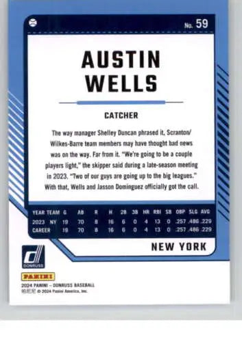 2024 Donruss #59 Austin Wells NM-MT baseball card featuring original gloss Yankees 74090